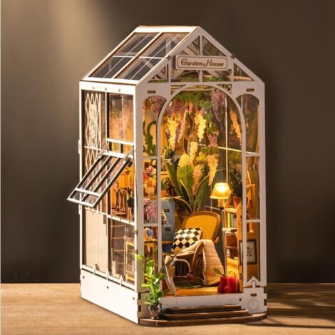 Book Nook Wooden Dollhouse, DIY Miniature, Puzzle House Model with LED Lights, House, Library Decoration, Holiday Gift (Holiday Flower House)
