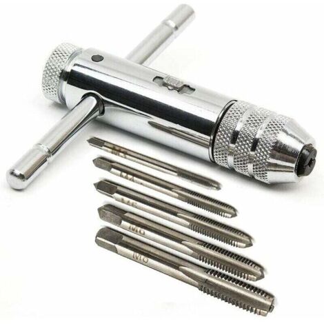 T-Shaped Ratchet Left-Handed Tap Wrench, Adjustable HSS T-Shaped Tap Wrench, Ratchet Tap Holder, T-Bar Handle Wrench with 5 Sizes of Hand Taps M3-M8 3mm-8mm