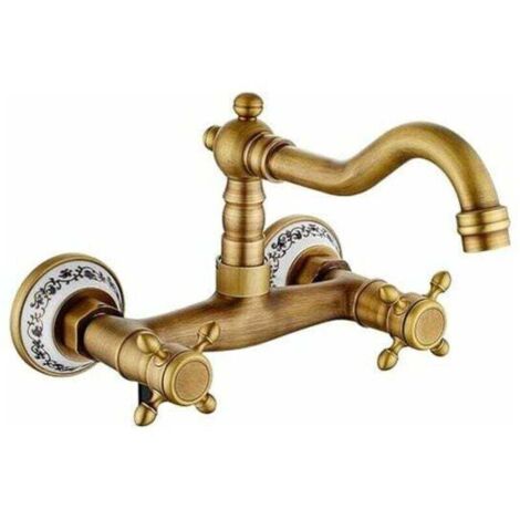 Antique Wall-Mounted Kitchen Faucet, Retro Bronze Style, 360° Swivel, Dual Control, Plum and Cross Design (1/4)