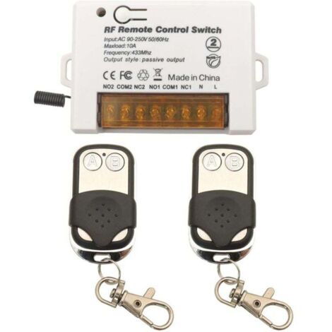 2-Channel 433MHz RF Wireless Relay Remote Control Switch AC 220V 230V 10A Relay Receiver with 2 Key Fob Transmitters, Large Wiring Terminal for Easy Wiring