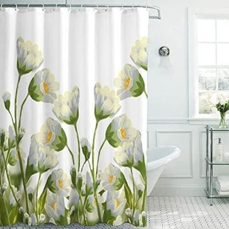 Farmhouse Shower Curtain with White Flowers and a Budding Daisy. Waterproof Fabric Shower Curtain Set for Bathroom Accessory. Bohemian Bathroom Decor with 12 (1/4)