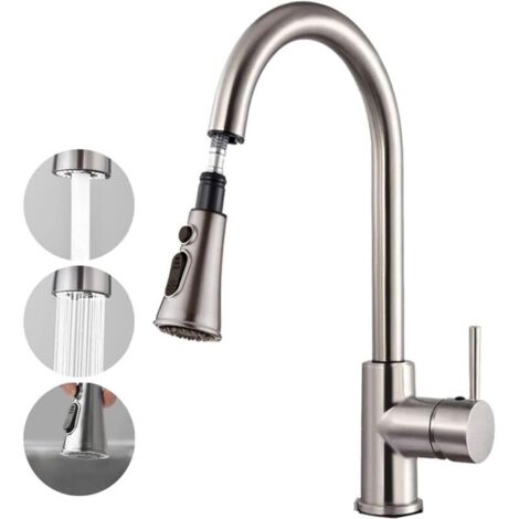 Kitchen Faucet with Pull-Out Sprayer, 360° Rotating Kitchen Mixer Tap, 2 High-Pressure Spray Modes, Stainless Steel Sink Faucet with Pull-Out Sprayer, Kitchen Sink Faucet (1/4)