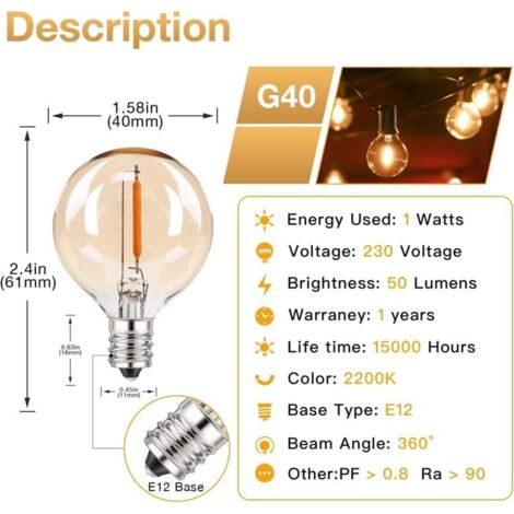 Replacement E12 LED bulb, G40 globe, decorative crown, retro style ...