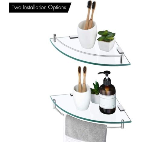 Corner Glass Shelf Bathroom Shower Shelf Wall Mounted Tempered Glass Shelf with Towel Rail 2 Pieces Polished Stainless Steel