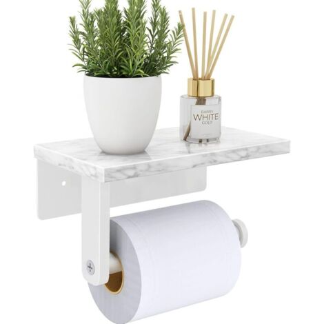 Toilet paper holder with natural marble shelf, 304 stainless steel wall-mounted screws, toilet roll dispenser for bathroom and toilet, white