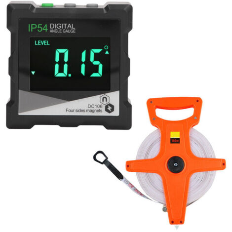 Digital angle gauge, measures 4 x 90 degrees, electronic level, backlit LCD screen, IP54 digital inclinometer, and 100m folding measuring tape (1/4)