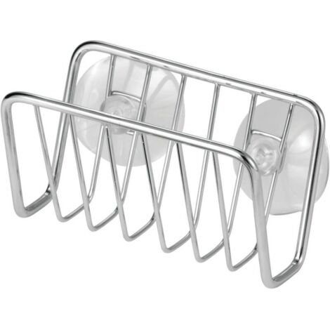 Metal kitchen sink organizer - Small holder for sponge, soap, scrubber - Quick-drying open metal basket with powerful suction cup - Chrome plated (1/4)