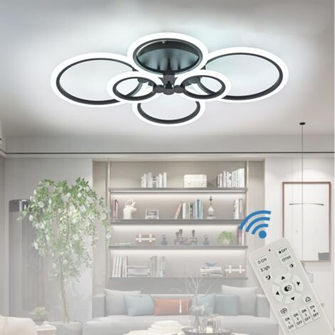 Modern dimmable LED ceiling light, 6-ring recessed ceiling light, acrylic shade, remote control, black LED chandelier for home, office, bedroom