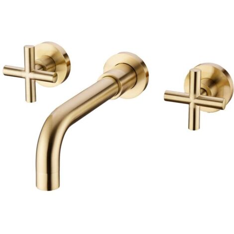 Brushed gold basin mixer tap, wall-mounted, 2 handles, brass bathroom tap (1/4)