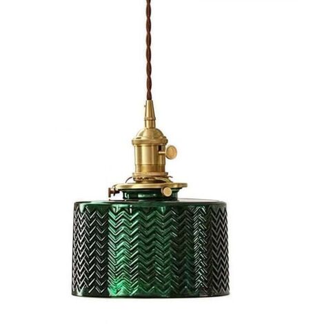 Pendant light with round ribbed glass shade, retro industrial loft bar ceiling light E27 for bedroom, dining room, kitchen (Green) (1/4)