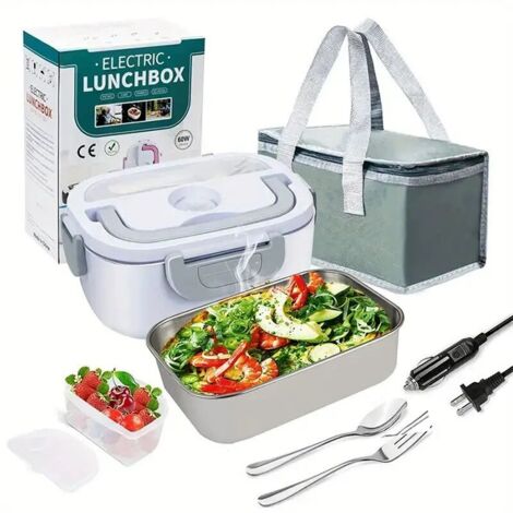 Electric food warmer for car and home office. Stainless steel electric lunch box for car travel. 1.5L electric food warmer. Hot container with pot and