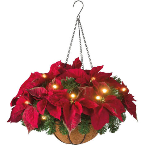 Pre-lit Hanging Basket with LED Lights, Pine Cones and Red Berry Decoration for Outdoor Christmas Decoration