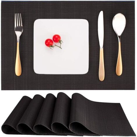 Placemat Set of 6, Washable, Heat Resistant, Non-Slip Woven PVC Vinyl Placemats for Kitchen and Dining Table, 30x45cm (Black) (1/4)