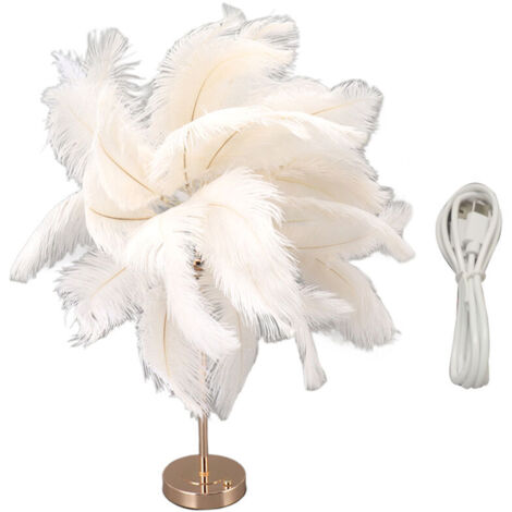 Rechargeable ostrich feather table lamp, modern romantic decorative lamp, bedroom bedside lamp for home decor, white (1/4)