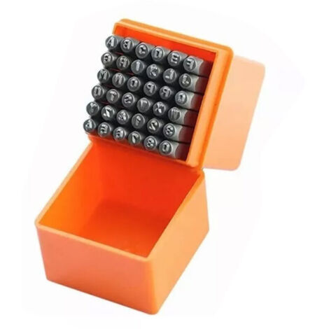 37-piece steel stamp set: 26 letters, 9 numbers, 1 symbol, 1 heart shape. Portable leather case with metal punch.