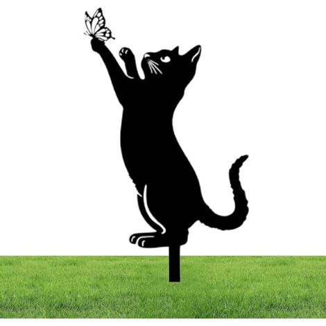 Cute Metal Cat Statue Garden Statues 26/30cm Iron Courtyard Stake for Black Cat Metal Garden Ornaments Hollow Animal Statues Outdoor Ornaments for Lawn-B (1/4)