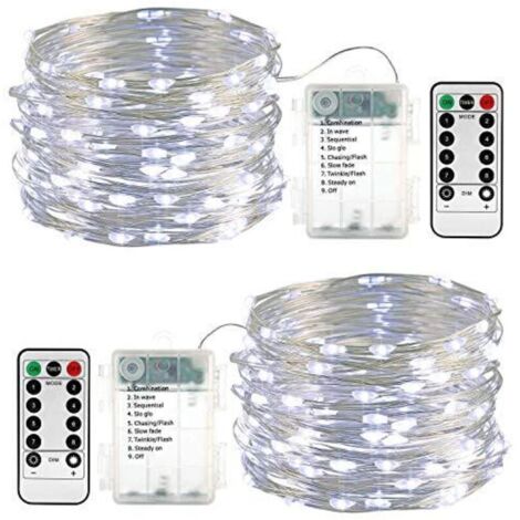 Set of 2 battery-operated 10m (100 LED) LED string lights, waterproof, for outdoor use, with remote control, timer and dimmable (white). (1/4)