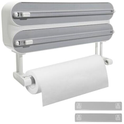 Wall-mounted kitchen roll holder, improved 3-in-1 magnetic food wrap dispenser, with integrated roll holder, 50m plastic wrap roll, white (1/4)