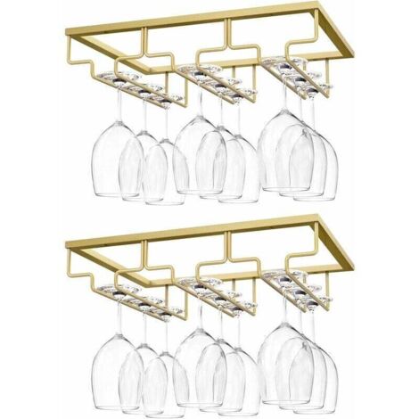 Hanging Stemware Rack, [2 Pcs] Hanging Wine Glass Holder with 3 Rails for Under Shelf, Glass Cabinet, Chrome Wall Hanging, Kitchen Bar - Gold