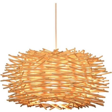 [Extra Large] Vintage E27 rattan chandelier in the shape of a bird's nest, made of natural bamboo, ideal for a living room, bedroom, dining room or cafe. Adjustable height (with warm white bulb). (1/4)