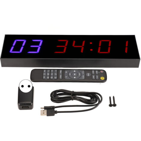 Gym Timer Wall Clock Fitness Timer 12/24 Hour Clock Stopwatch Countdown Timer Interval Timer 6 Bit 1.8in LED Clock Workout Timer with Remote Control (EU Plug) (1/4)