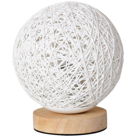 15cm Rattan Sphere LED Bedside Lamp with USB Plug – 3-Color Atmosphere Night Light with Dimmer, Linen Shade and Wooden Base (1/4)