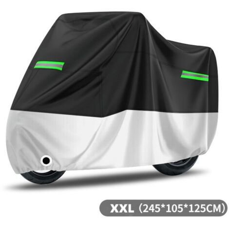 Waterproof Motorcycle Cover, Oxford Cloth, Dustproof, Rainproof, Snowproof, UV Resistant, Windproof, Sunproof, Bird Droppings Resistant, 245x105x125cm, Black+Silver, Green Reflective Strips (1/4)