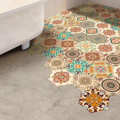 Funlife Self-Adhesive Floor Tile Stickers 20x23cm, 30pcs, Cement-Effect Earthenware Floor Tiles, Baroque (1/4)