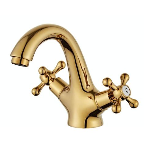 Retro two-handle mixer tap for bathroom sink, vintage antique brass finish