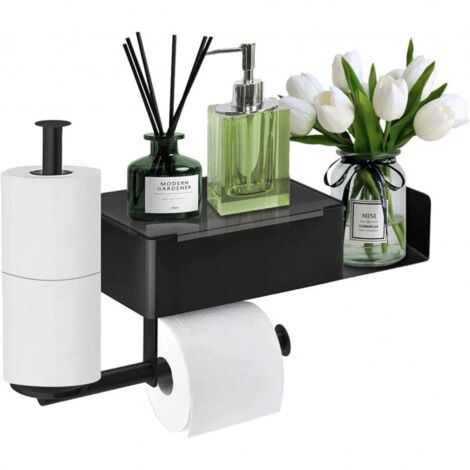 Wall-mounted toilet paper holder without holes, towel rack with shelf and wipes box for bathroom and kitchen (1/4)