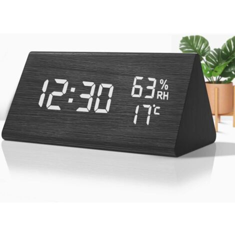 Wooden Digital Alarm Clock, Wooden Alarm Clock with 3 Alarm Settings, LED Electronic Alarm Clock with Time and Temperature Display, Sound Control, Snooze Function, for Bedroom Office (Black) (1/4)