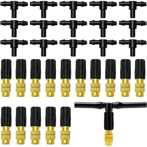 15 Pieces Copper Atomizing Nozzle, Adjustable Atomizing Nozzle, Brass Spray Nozzle, Atomizing Sprinklers, with T-Connector, for Garden Irrigation (1/4)