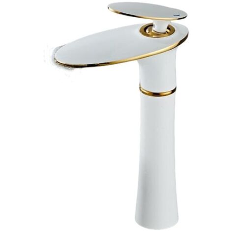 Waterfall Bathroom Mixer Tap, White and Gold Basin Mixer Tap, Brass Single-Lever Bathroom Mixer Tap, High