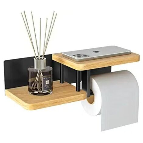 Bamboo Wood Wall-Mounted Toilet Paper Holder [No Drilling Required] High-Quality Toilet Paper Dispenser with Shelves, Black Toilet Roll Holder (1/4)