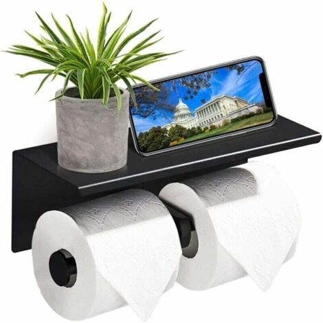 Double toilet paper holder, 304 stainless steel storage rack, toilet paper holder with phone holder, for bathroom use (black) (1/4)