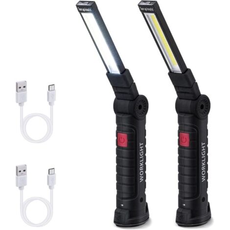 Work Light, Rechargeable COB Ultra Bright LED Work Light with Magnetic Base, 5 Modes, for Garage, Camping, Emergency, etc. - 2 Pieces - Large