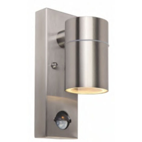 Outdoor LED wall light in stainless steel with adjustable PIR motion detector and dusk-to-dawn switch, IP54 waterproof, 230V, GU10 5W warm white 3000K bulb included