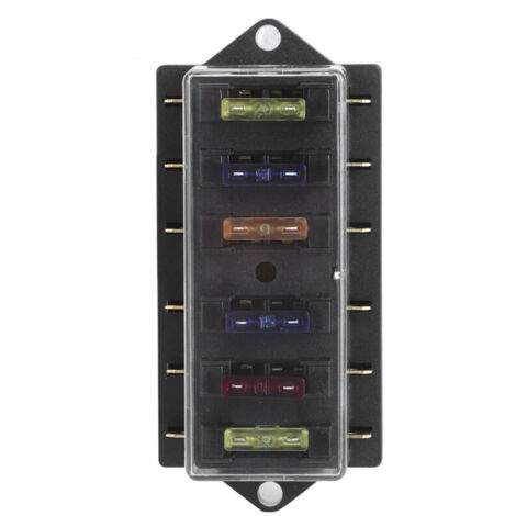 6-Way Blade Fuse Box 12-36V 6 Inputs 6 Outputs with 6 Fuses, Universal Accessory for Car and Truck, Transparent ABS, Metal Colour 90x53x42mm. (1/4)