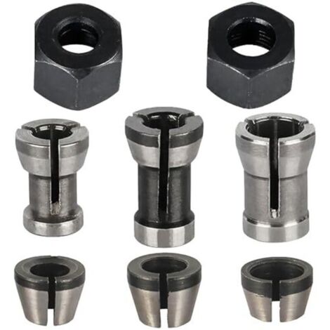Set of 8 collets, accessories for Einhell, Katsu, Bosch and Dewalt routers, 6 collet adapters (6 mm, 6.35 mm, 8 mm) + 2 nuts for engraving machines