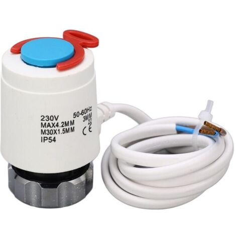 Replacement radiator valve, underfloor heating water manifold, M30x1.5mm thermostatic electric actuator, 230vac.