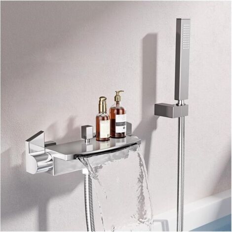Wall-mounted bathtub faucet with hand shower, brass waterfall bath mixer, adjustable hot and cold water, 2 functions - shiny silver