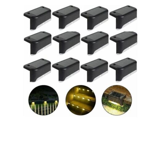 Set of 12 IP65 Waterproof LED Solar Lights - Outdoor Lighting for Fences, Stairs, Decks and Gardens - Warm Light, Black Design - Solar Powered, Easy Installation