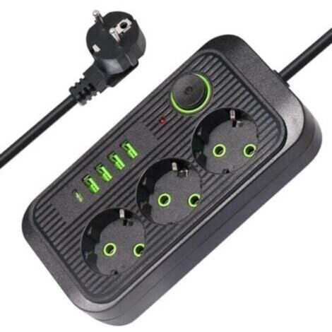3-Outlet Power Strip with Switch, 4 USB-A Ports and 1 USB-C Port, Surge Protector Power Strip, 2M Cable, 10A 2500W, for Home, Office (Black) (1/4)