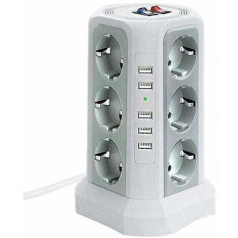 Surge and power strip tower, power strip with 5 USB ports and 12 outlets, power strip with 3 switches, white (1/4)