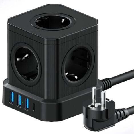 9-in-1 Cube Power Strip with USB, 5 EU Outlets, 3 USB-A Ports and 1 USB-C Port, 4000W, with Switch and 2M Extension Cable (1/4)