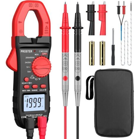 600A NCV Digital Clamp Meter, 2000 Count Professional TRMS Clamp Multimeter AC Current AC/DC Voltage NCV Continuity Resistance Temperature Diode Hz