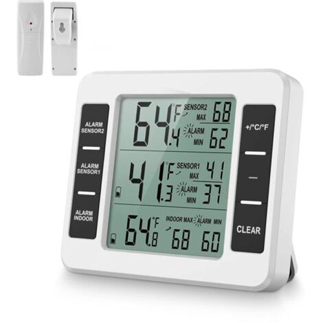 Digital refrigerator thermometer, LCD screen, indoor/outdoor refrigerator thermometer with 2 wireless sensors and audio alarm for home, restaurant and bar use.