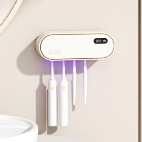 Wall-mounted toothbrush holder with UV sterilizer, drill-free installation, drying function and timer, 1800 mAh rechargeable battery, 4-slot bathroom accessory for children and adults (1/4)