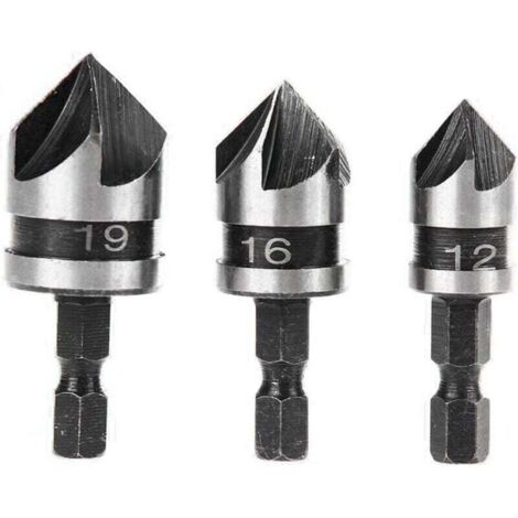 3-Piece 90 Degree 5 Flute Chamfering Bit Set for Wood and Metal, Quick Change 1/4" Hex Carbon Steel Chamfering Drill Bit, Wood Chamfering Cutting Tool, 12/16/19mm (1/4)