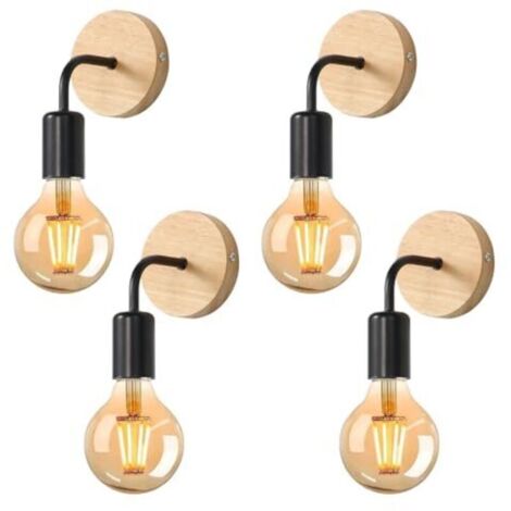 4-Piece Wooden Wall Lamp Set, Industrial Style Indoor Wall Sconces, E27 Vintage Indoor Lighting Fixture for Bedroom, Living Room, Hallway, Restaurant, Black (1/4)
